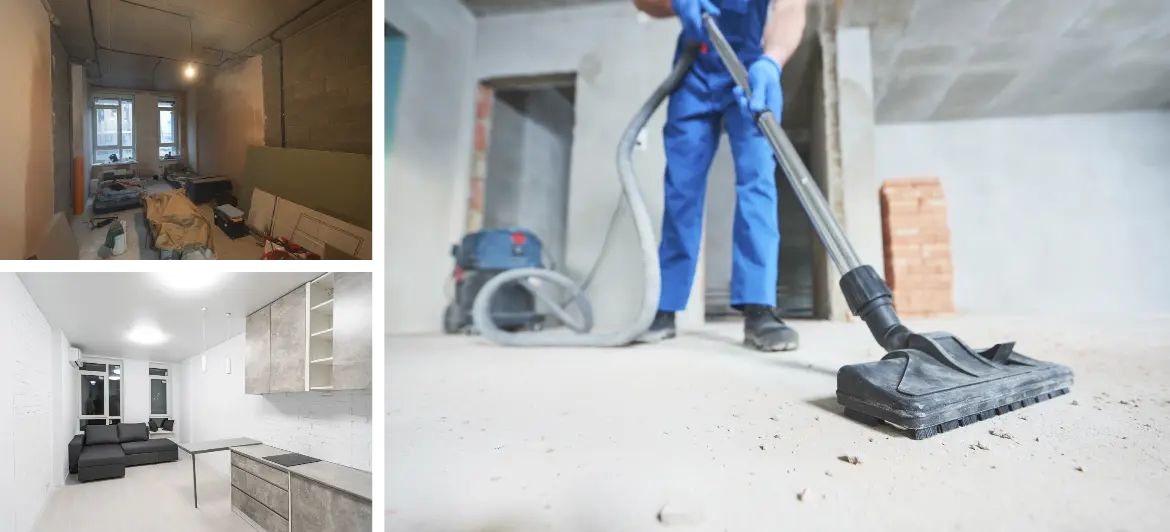 Proceso completo de limpieza post-obra en Montevideo — desde espacios en construcción hasta resultados finales con equipos profesionales