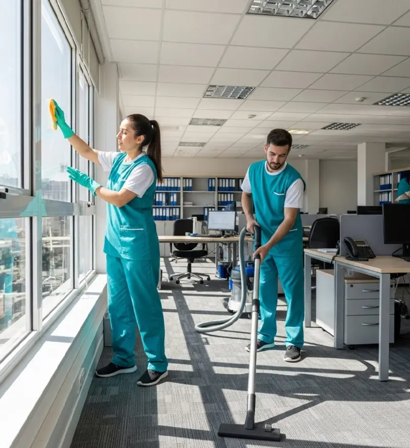 Personal de limpieza realizando tareas de limpieza en oficinas corporativas