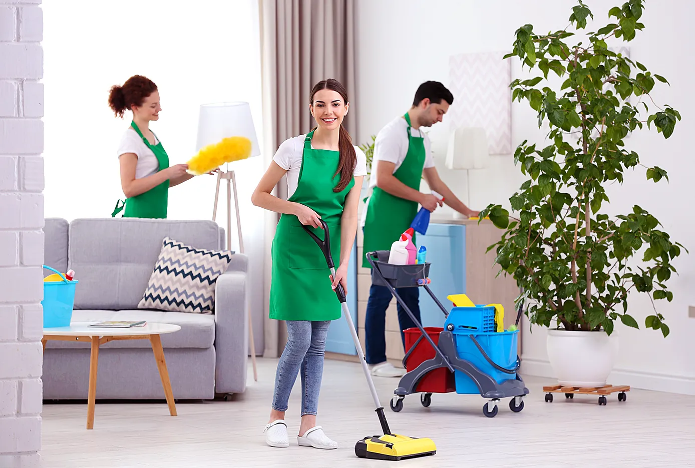 Equipo de limpieza profesional trabajando en oficina u hogar con maquinaria y productos de limpieza