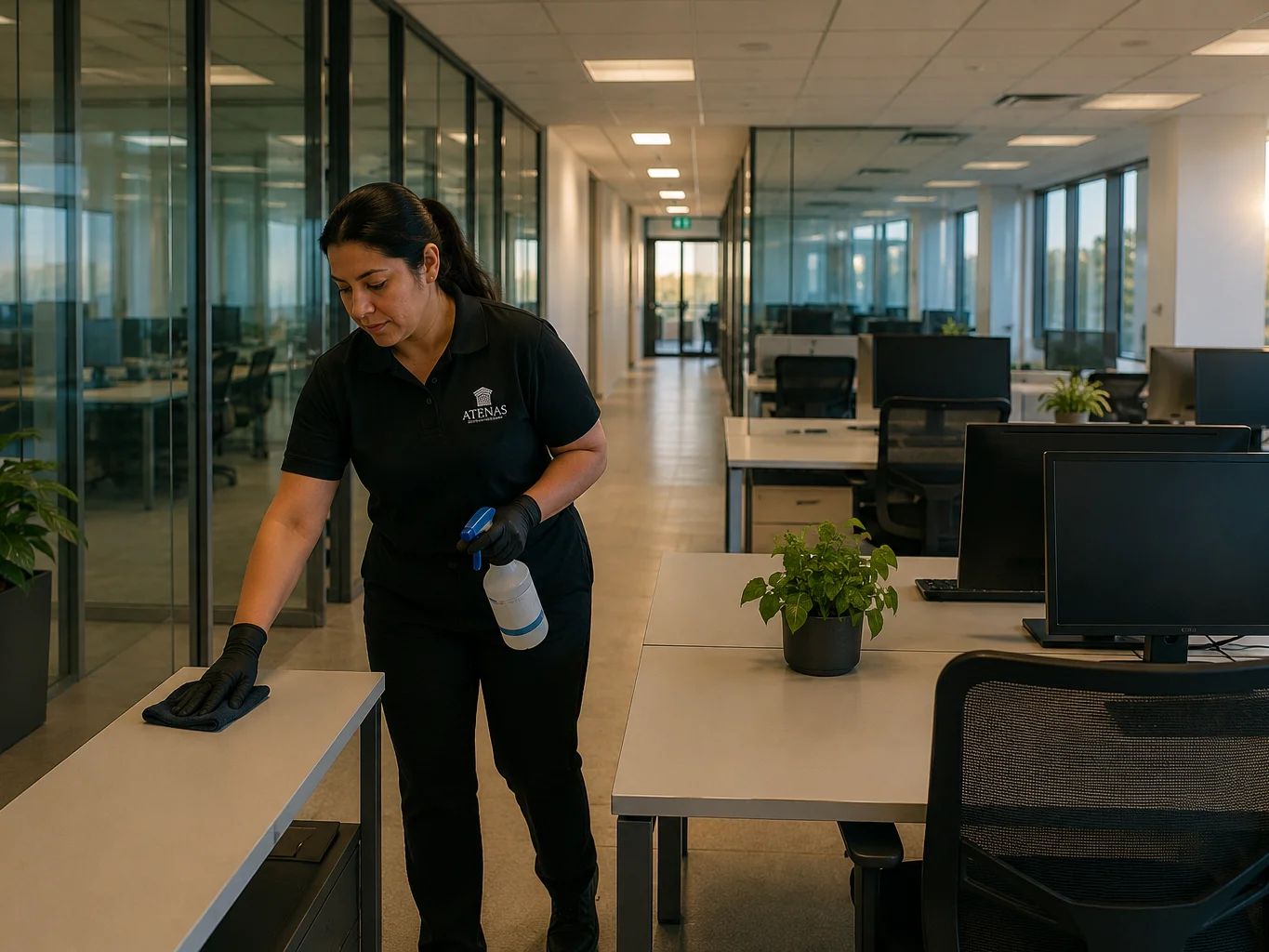 Personal de ATENAS realizando limpieza profesional en una oficina con puestos de trabajo y mamparas de vidrio.