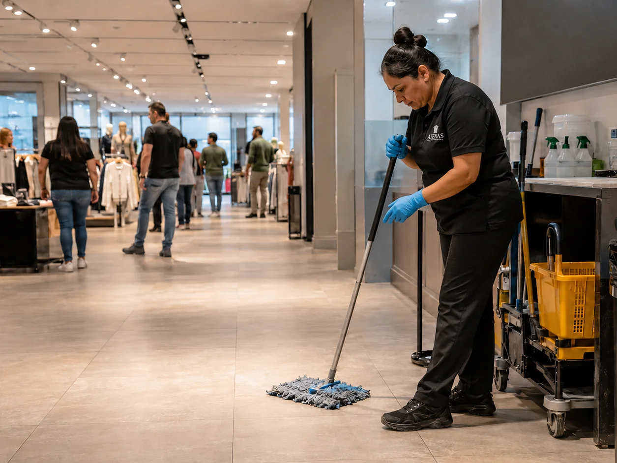 Personal de ATENAS realizando tareas de limpieza en un comercio.